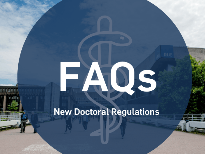 Teaser graphic for the FAQ on the new doctoral regulations of the Faculty of Medicine at Ruhr University Bochum featuring a stylized Rod of Asclepius in front of the Ruhr University Bochum campus.