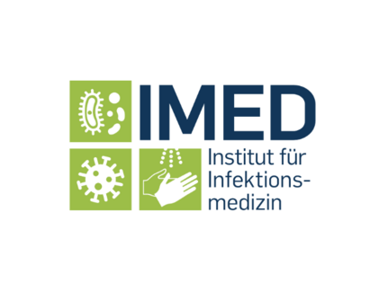 Es handelt sich um das Logo des Instituts für Infektionsmedizin. Es besteht aus drei Symbolen der Hygiene sowie der Abkürzung "IMED" - Institut für Infektionsmedizin.