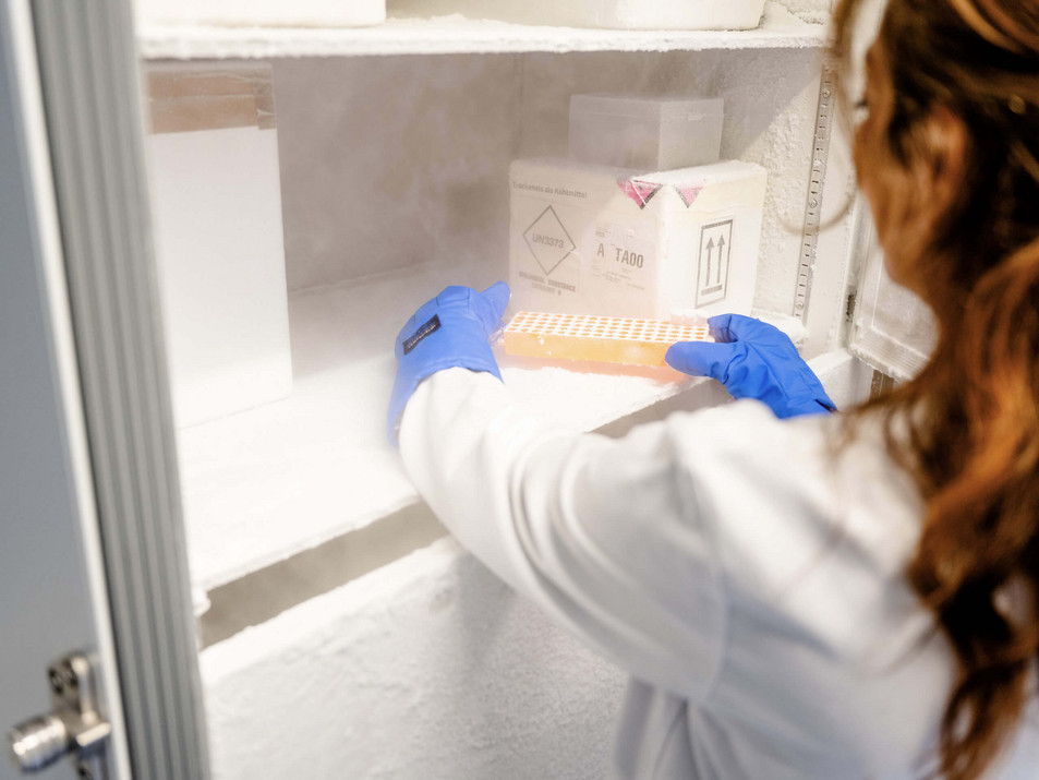 Eine Frau nimmt Proben aus einem Eisschrank