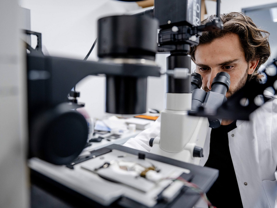 Student der medizinischen Fakultät der Ruhr Universität Bochum forscht an einem Mikroskop