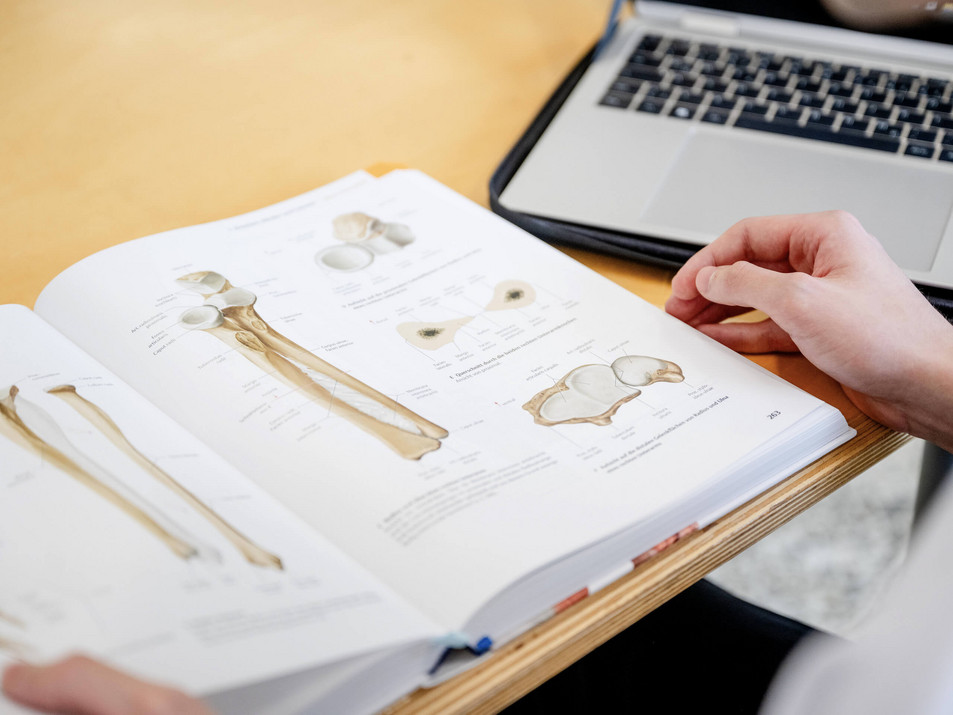 Ein Student schaut sich Abbildungen in einem Lehrbuch an