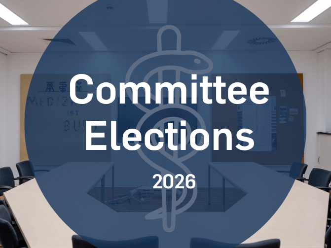 Teaser graphic for the 2026 Committee Elections of the Faculty of Medicine at Ruhr University Bochum featuring a stylized Rod of Asclepius in front of a meeting room.