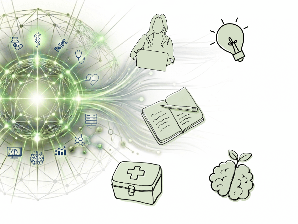 Illustration zum FoRUM-Programm mit Symbolen für Forschung, Austausch, neue Ideen, Workshops, Notfalltraining und wissenschaftliches Arbeiten.
