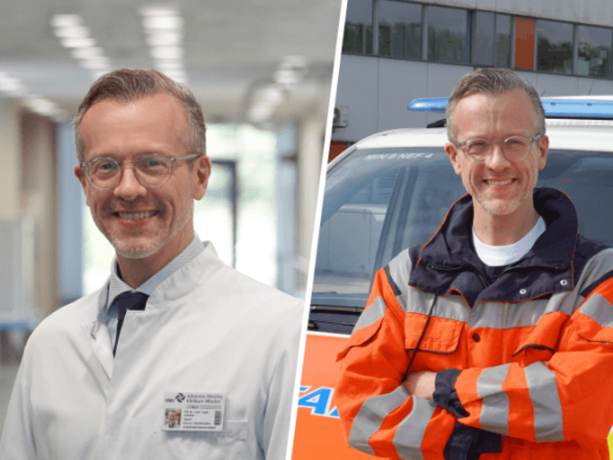 The image shows PD Dr Gerrit Jansen both in a white coat and as an emergency physician. He has been appointed to the W3 Professorship of Emergency Medicine at the Medizincampus OWL of Ruhr University Bochum.