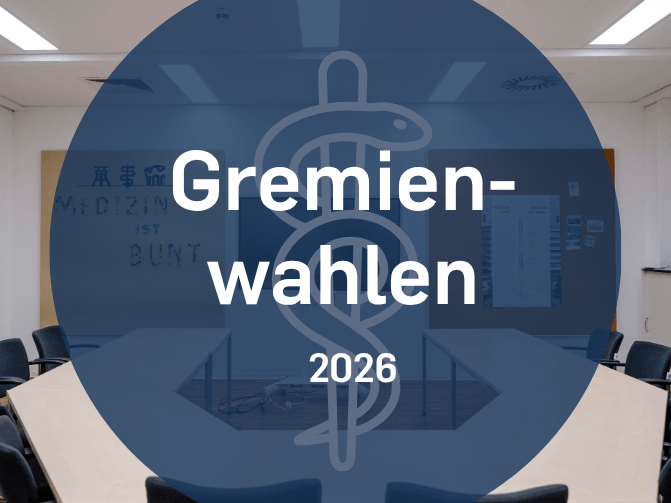 Teasergrafik zu den Gremienwahlen 2026 der Medizinischen Fakultät der Ruhr-Universität Bochum mit stilisiertem Äskulapstab vor einem Sitzungsraum.