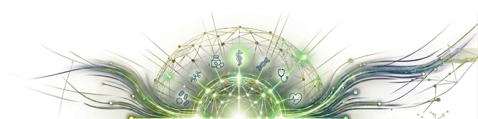 Abstrakte Darstellung einer vernetzten Forschungskugel, in der Linien und Lichtpunkte zusammenlaufen, umgeben von Symbolen verschiedener medizinischer und wissenschaftlicher Forschungsbereiche.